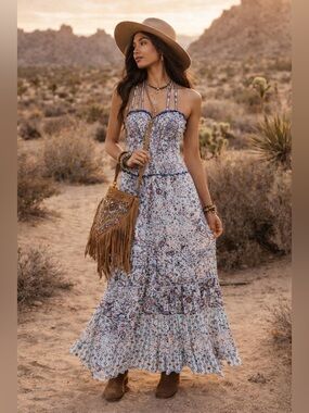 Poupette St. Barth blue floral paisley print maxi dress size medium